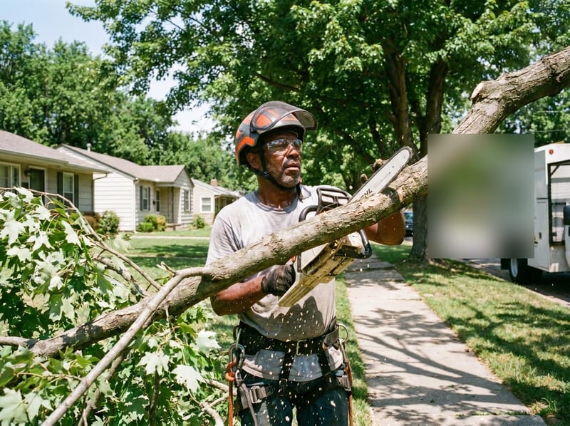 Certified arborist trimming a tree branch with chainsaw and safety gear in a Tulsa neighborhood
