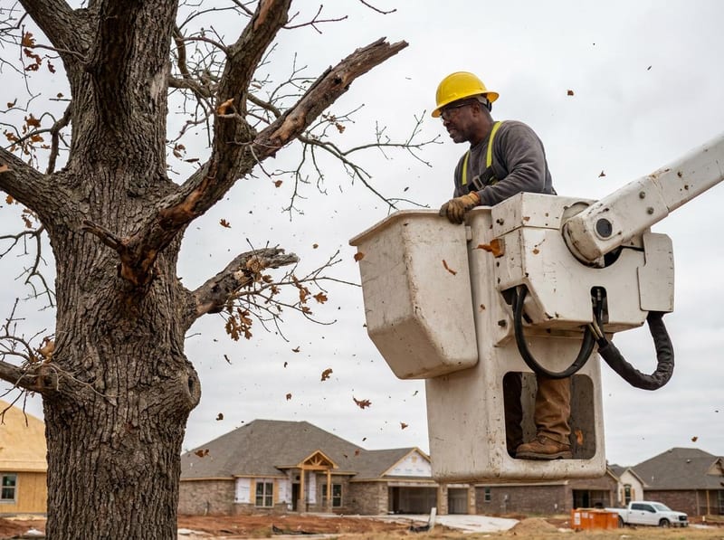 Tulsa arborist in a bucket truck removing dead branches