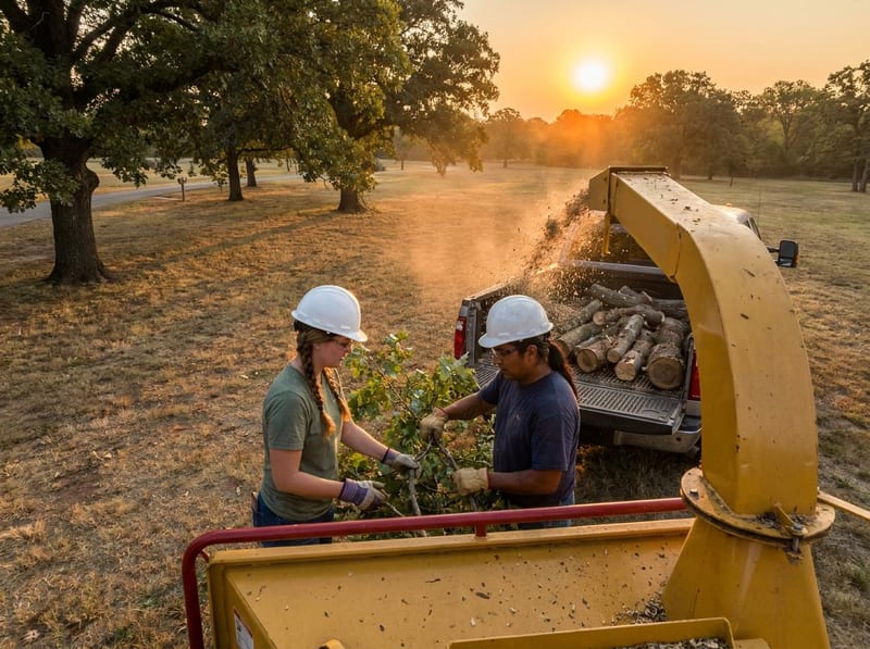 Tulsa tree service crew chipping branches at sunset on a rural Oklahoma property