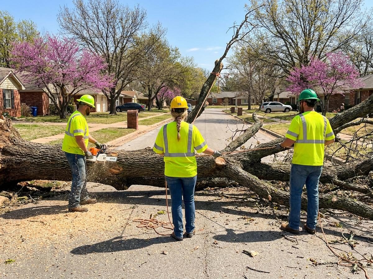 Three-person tree service crew cutting up a large fallen oak that blocked a residential Tulsa street after a spring storm