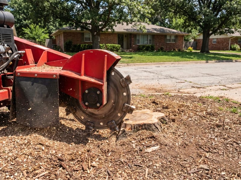 Stump grinder removing a tree stump in a Tulsa residential yard