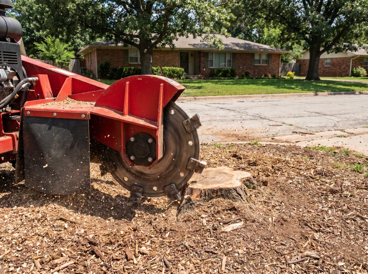 Industrial stump grinder removing a stump in a Tulsa yard
